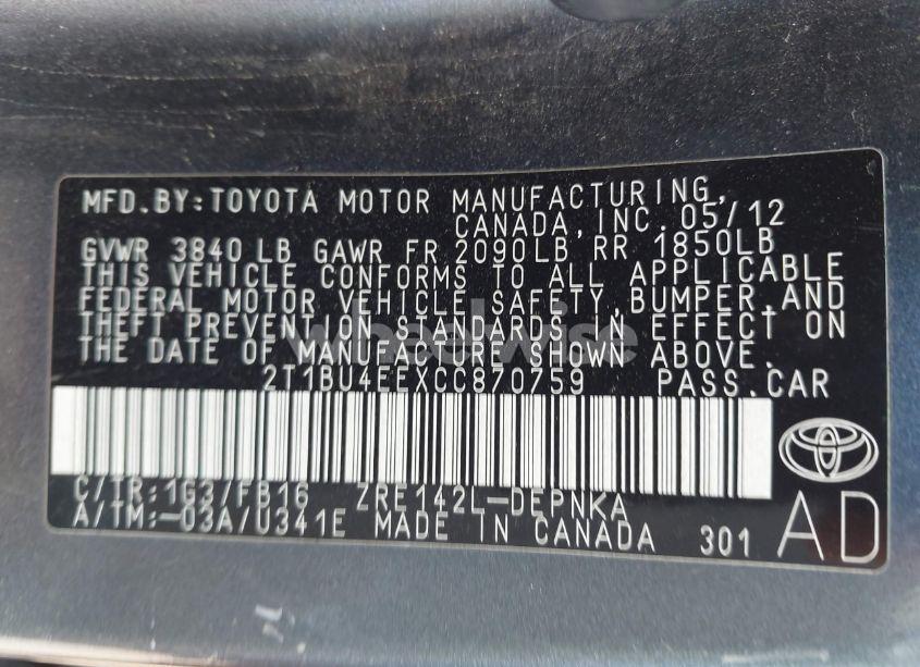 Photo 9 of 2012 Toyota Corolla LE (VIN 2T1BU4EEXCC870759)