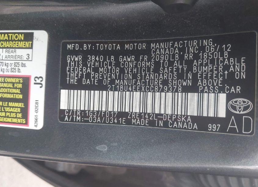 Photo 9 of 2012 Toyota Corolla S (VIN 2T1BU4EEXCC879378)