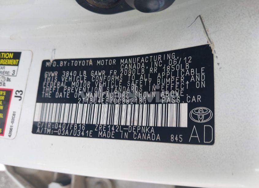 Photo 9 of 2012 Toyota Corolla LE (VIN 2T1BU4EEXCC882183)