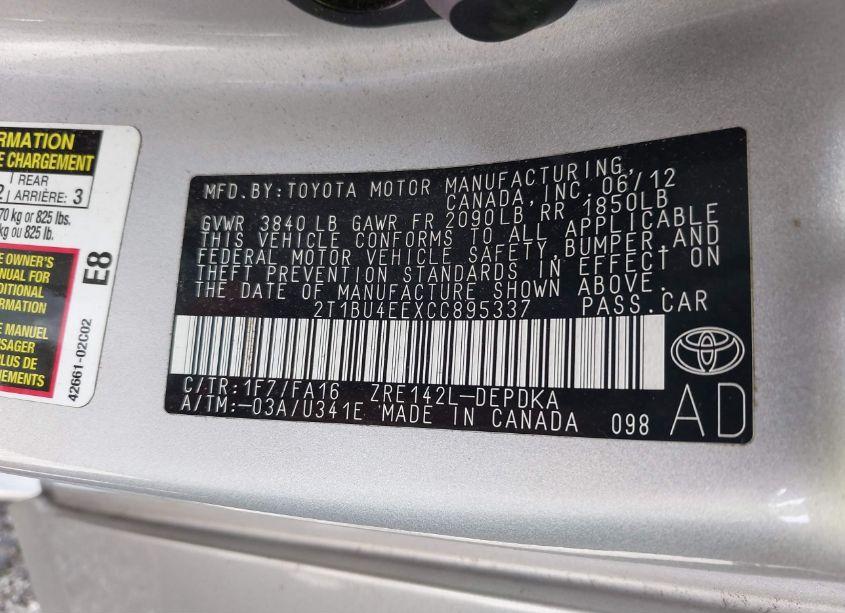 Photo 9 of 2012 Toyota Corolla L (VIN 2T1BU4EEXCC895337)