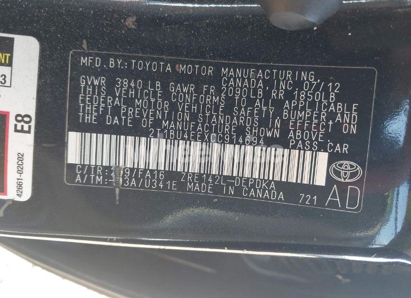 Photo 9 of 2012 Toyota Corolla L (VIN 2T1BU4EEXCC914694)