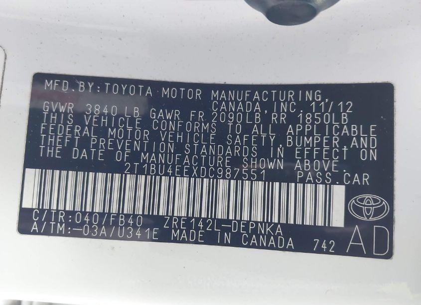 Photo 9 of 2013 Toyota Corolla LE (VIN 2T1BU4EEXDC987551)