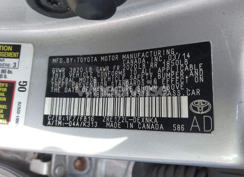 Photo 9 of 2014 Toyota Corolla LE (VIN 2T1BURHE0EC138538)