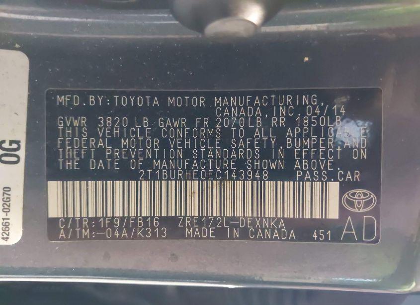 Photo 9 of 2014 Toyota Corolla LE (VIN 2T1BURHE0EC143948)
