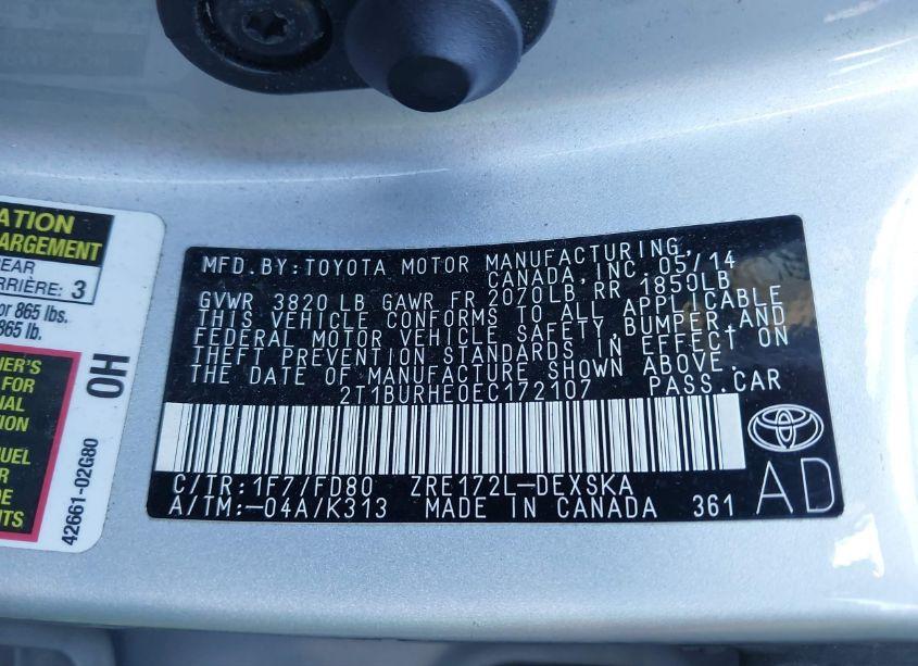 Photo 9 of 2014 Toyota Corolla S PLUS (VIN 2T1BURHE0EC172107)