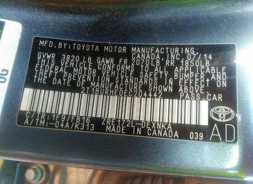 Photo 9 of 2014 Toyota Corolla LE (VIN 2T1BURHE0EC204442)