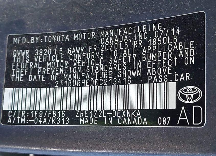 Photo 9 of 2014 Toyota Corolla LE (VIN 2T1BURHE0EC213416)
