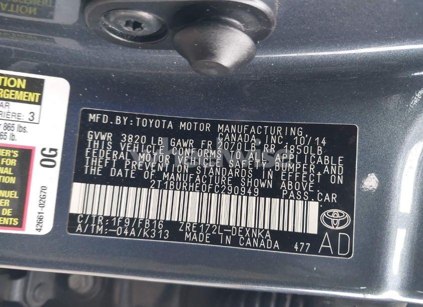 Photo 9 of 2015 Toyota Corolla LE PLUS (VIN 2T1BURHE0FC290949)