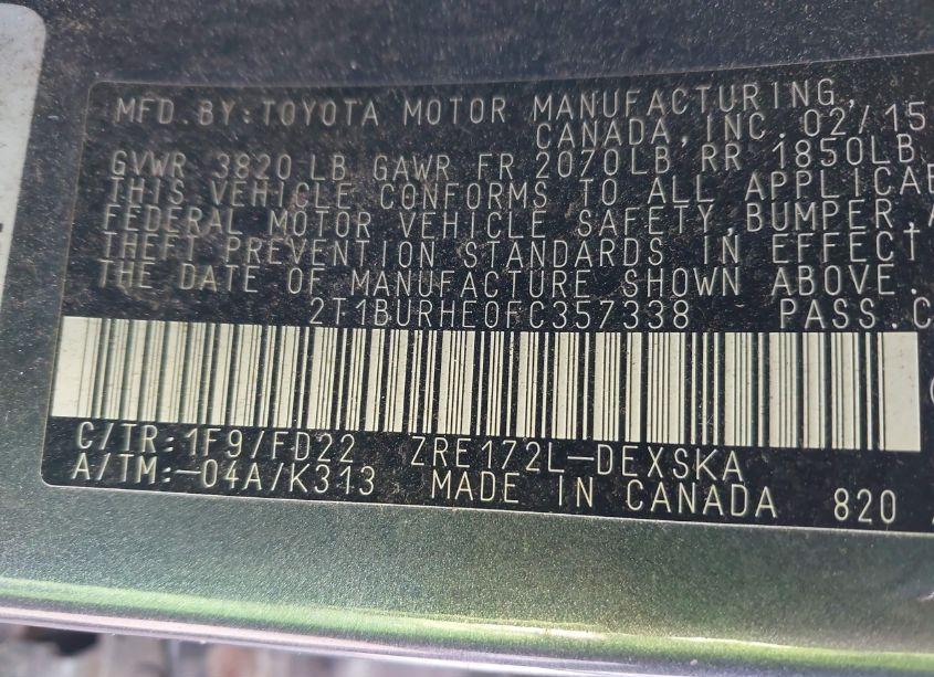 Photo 9 of 2015 Toyota Corolla L/LE/LE PLS/PRM/S/S PLS (VIN 2T1BURHE0FC357338)