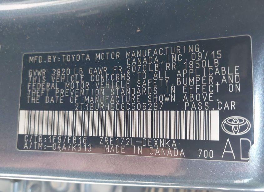 Photo 9 of 2016 Toyota Corolla LE (VIN 2T1BURHE0GC506297)