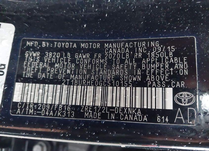 Photo 9 of 2016 Toyota Corolla LE (VIN 2T1BURHE0GC510155)