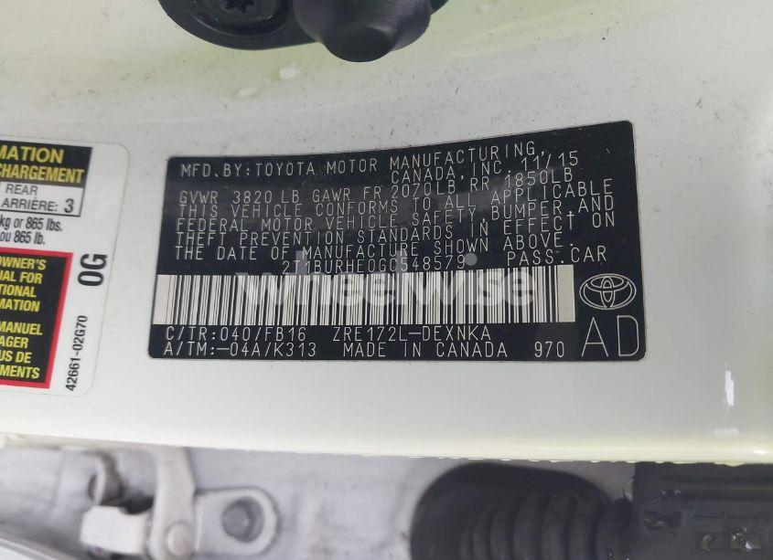 Photo 9 of 2016 Toyota Corolla LE PLUS (VIN 2T1BURHE0GC548579)