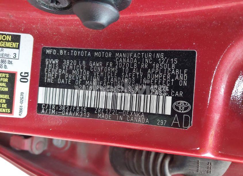 Photo 9 of 2016 Toyota Corolla LE (VIN 2T1BURHE0GC574857)