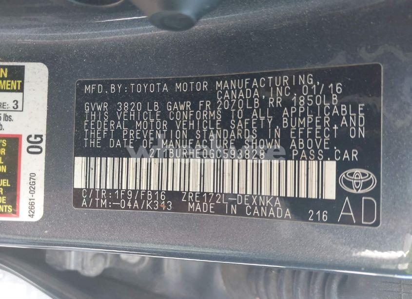 Photo 9 of 2016 Toyota Corolla LE (VIN 2T1BURHE0GC593828)