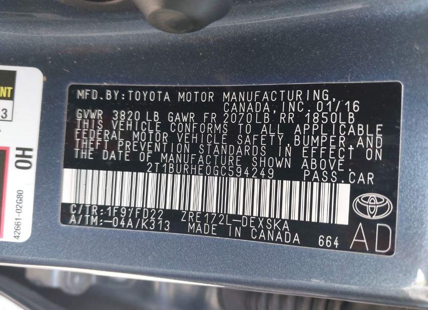 Photo 9 of 2016 Toyota Corolla S PLUS (VIN 2T1BURHE0GC594249)