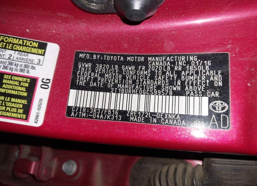 Photo 9 of 2016 Toyota Corolla LE (VIN 2T1BURHE0GC599578)