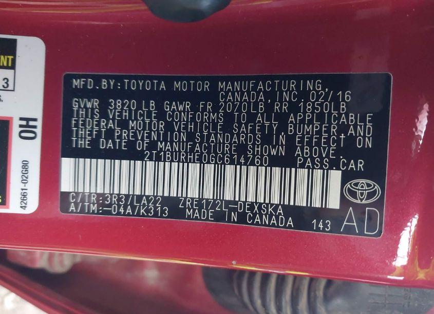 Photo 9 of 2016 Toyota Corolla S PREMIUM (VIN 2T1BURHE0GC614760)