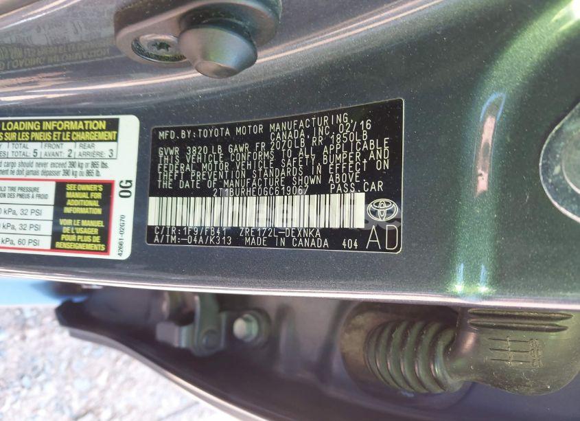 Photo 9 of 2016 Toyota Corolla LE PLUS (VIN 2T1BURHE0GC619067)