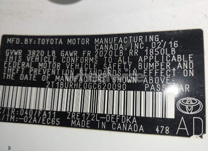 Photo 9 of 2016 Toyota Corolla L (VIN 2T1BURHE0GC620090)