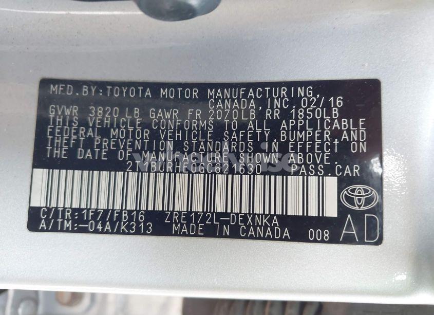 Photo 9 of 2016 Toyota Corolla LE (VIN 2T1BURHE0GC621630)