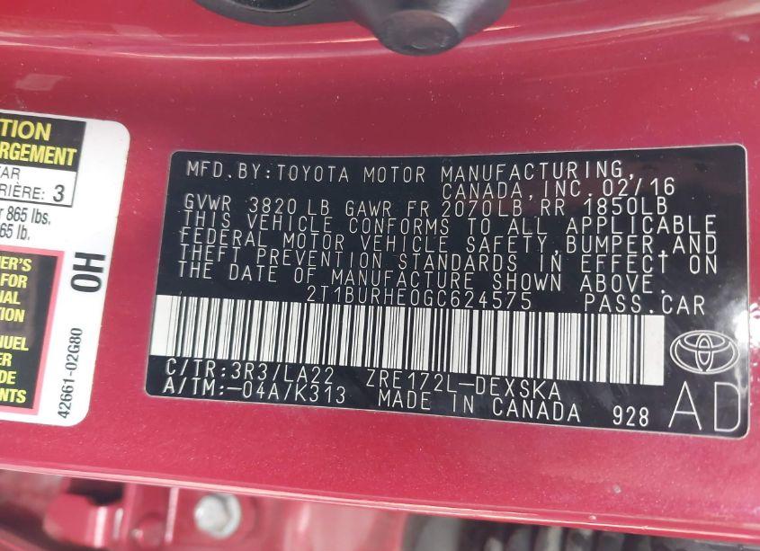 Photo 9 of 2016 Toyota Corolla L/LE/LE PLS/PRM/S/S PLS (VIN 2T1BURHE0GC624575)