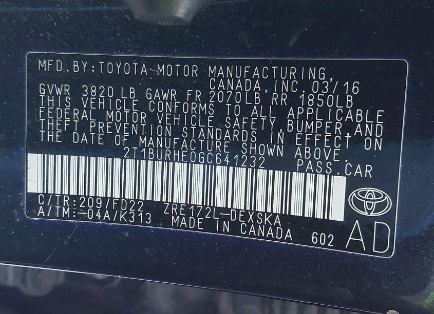 Photo 9 of 2016 Toyota Corolla S PLUS (VIN 2T1BURHE0GC641232)