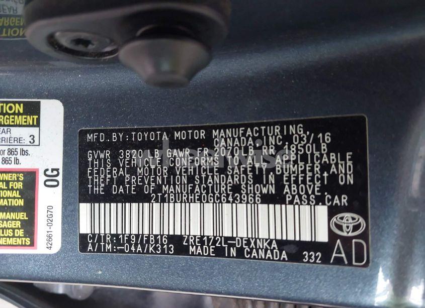 Photo 9 of 2016 Toyota Corolla LE (VIN 2T1BURHE0GC643966)