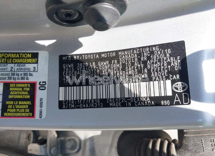 Photo 9 of 2016 Toyota Corolla LE PLUS (VIN 2T1BURHE0GC663487)