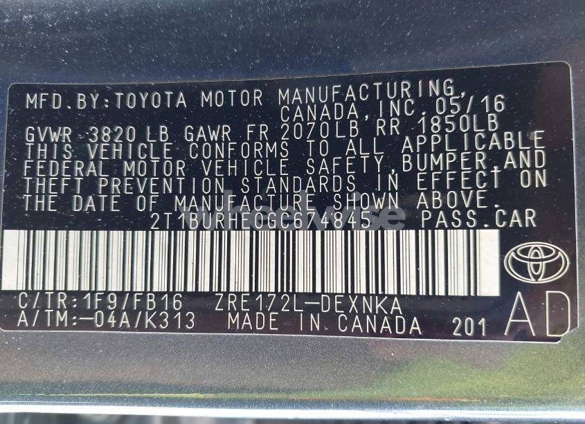 Photo 9 of 2016 Toyota Corolla LE (VIN 2T1BURHE0GC674845)