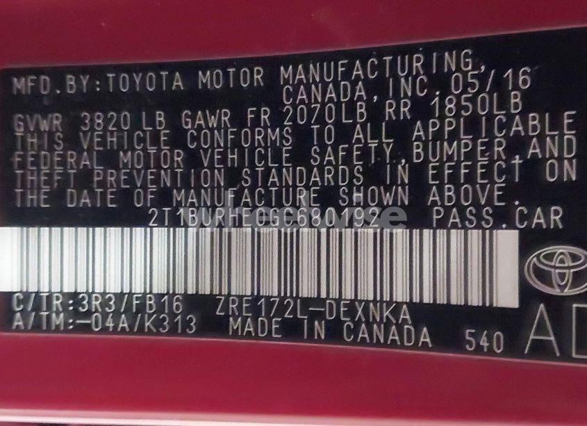 Photo 9 of 2016 Toyota Corolla LE (VIN 2T1BURHE0GC680192)