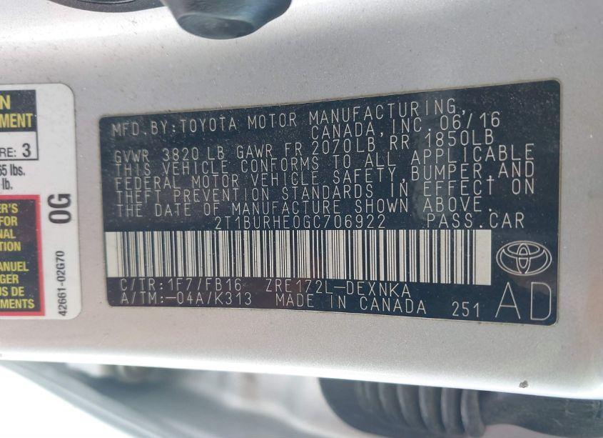 Photo 9 of 2016 Toyota Corolla LE (VIN 2T1BURHE0GC706922)