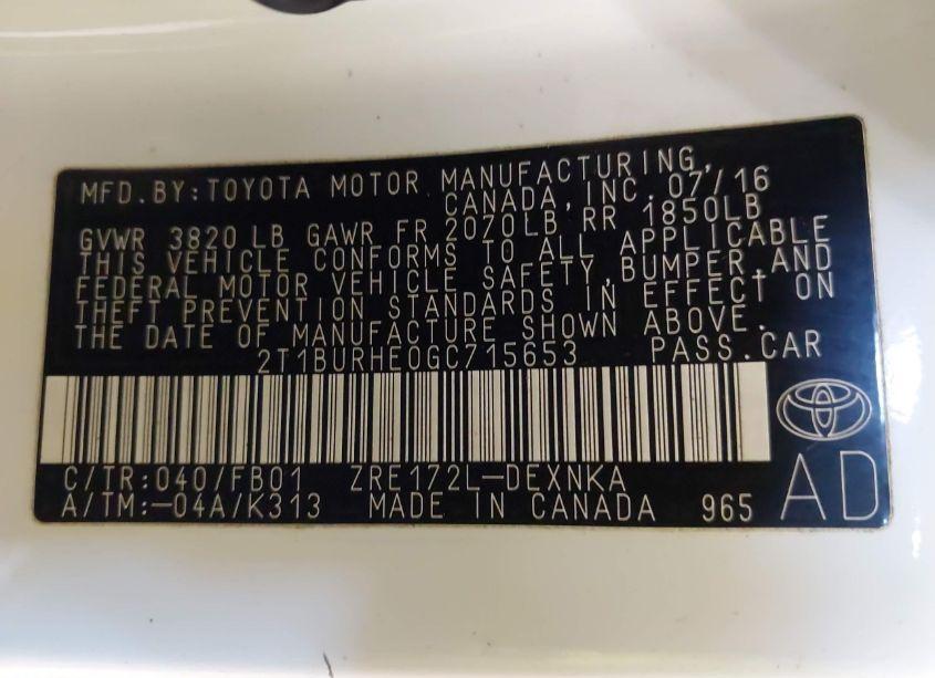 Photo 9 of 2016 Toyota Corolla LE (VIN 2T1BURHE0GC715653)