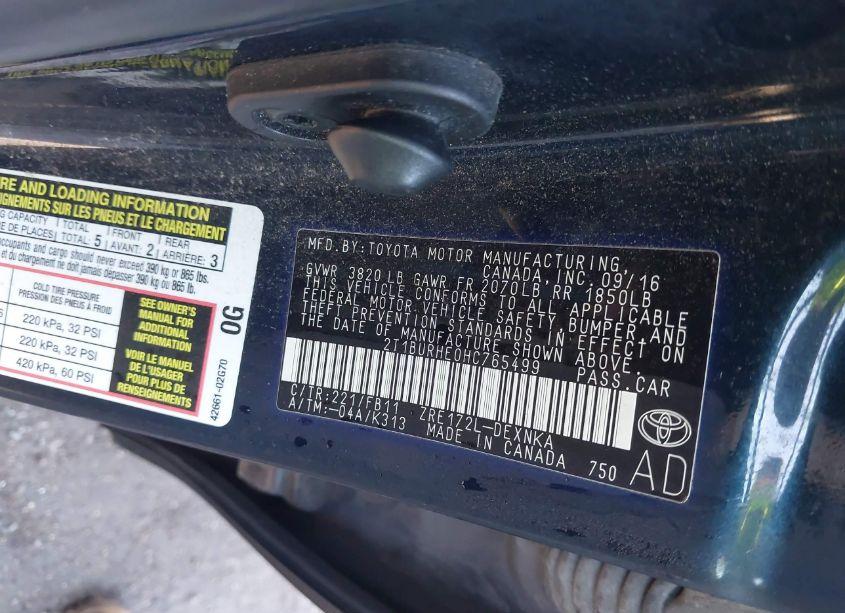 Photo 9 of 2017 Toyota Corolla LE (VIN 2T1BURHE0HC765499)