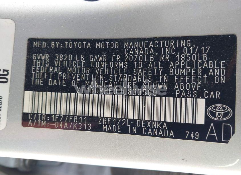 Photo 9 of 2017 Toyota Corolla LE (VIN 2T1BURHE0HC833509)