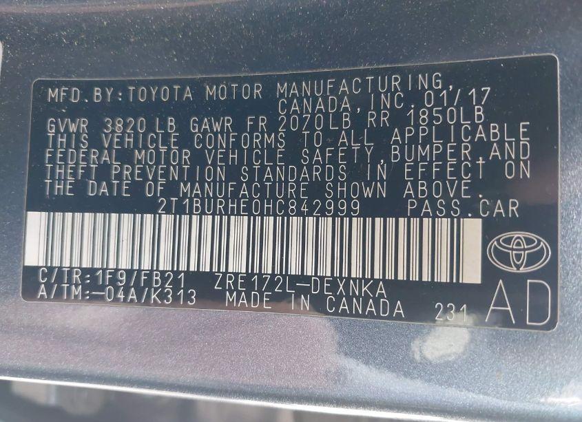 Photo 9 of 2017 Toyota Corolla LE (VIN 2T1BURHE0HC842999)