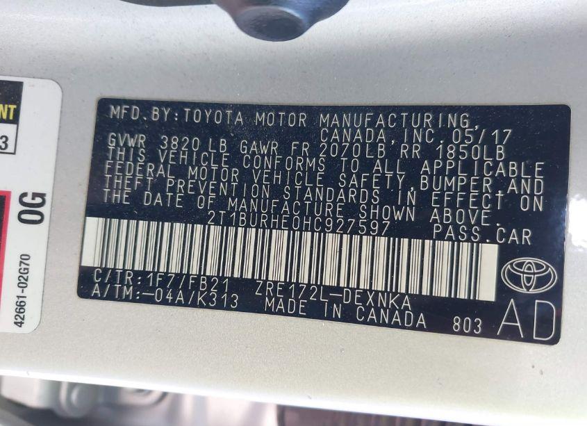 Photo 9 of 2017 Toyota Corolla LE (VIN 2T1BURHE0HC927597)