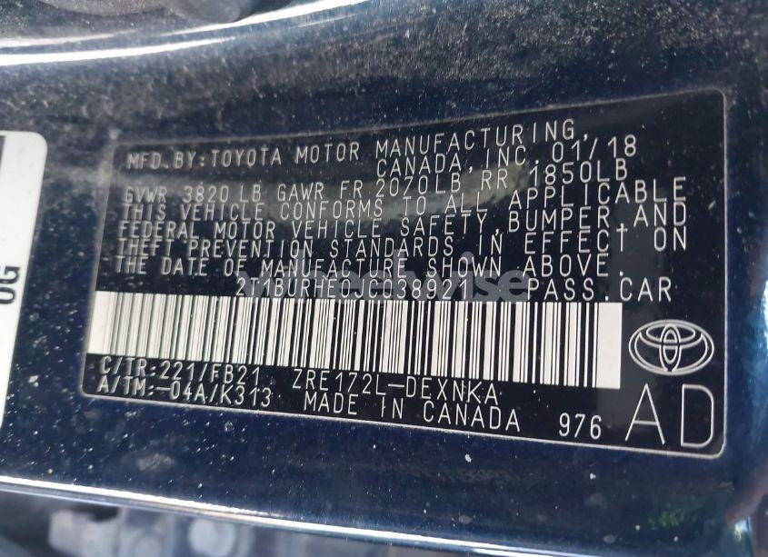 Photo 9 of 2018 Toyota Corolla LE (VIN 2T1BURHE0JC038921)