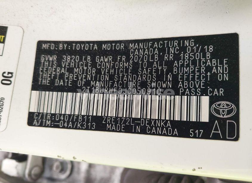 Photo 9 of 2018 Toyota Corolla LE (VIN 2T1BURHE0JC050910)