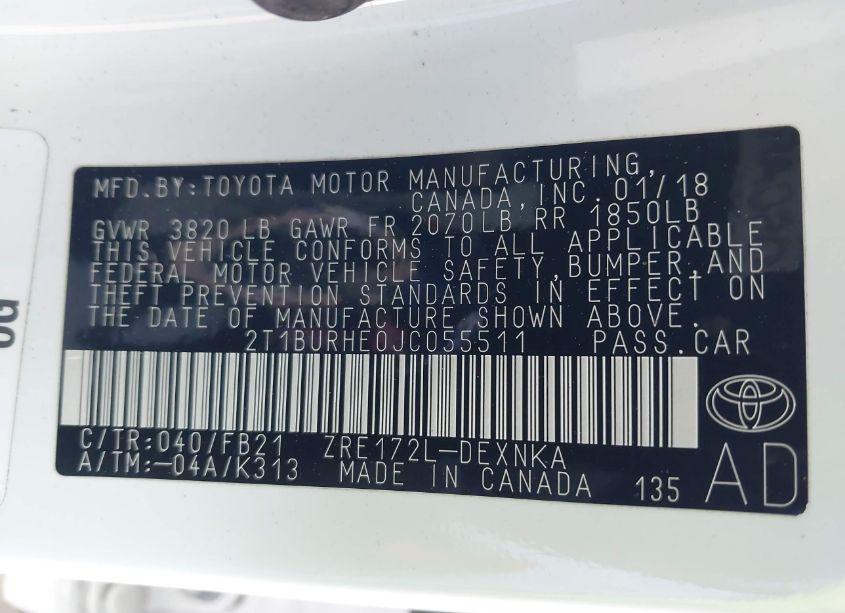 Photo 9 of 2018 Toyota Corolla LE (VIN 2T1BURHE0JC055511)