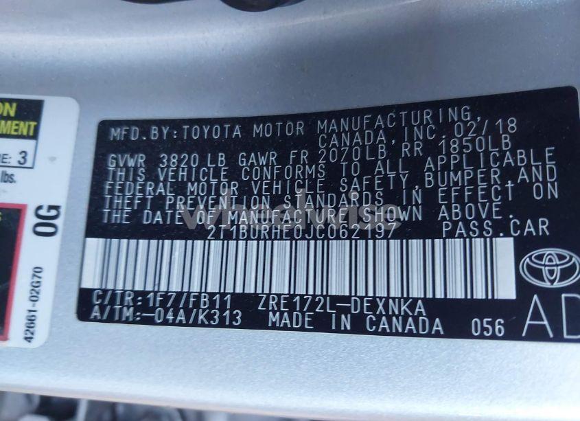 Photo 9 of 2018 Toyota Corolla LE (VIN 2T1BURHE0JC062197)