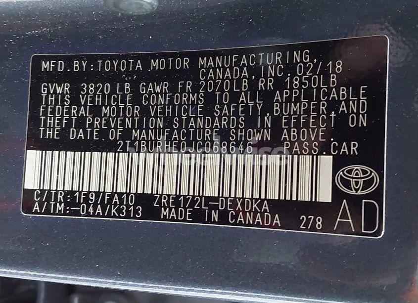 Photo 9 of 2018 Toyota Corolla L (VIN 2T1BURHE0JC068646)