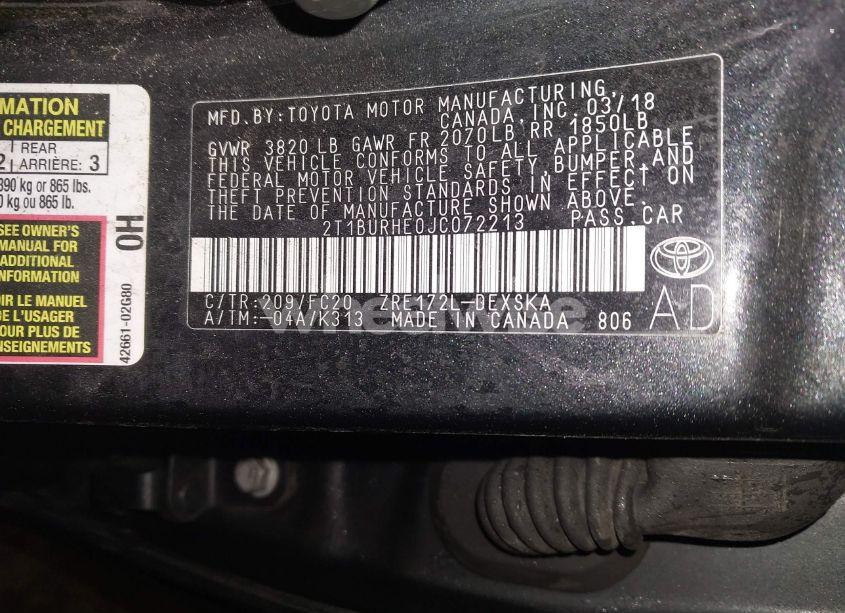 Photo 9 of 2018 Toyota Corolla L/LE/XLE/SE/XSE (VIN 2T1BURHE0JC072213)