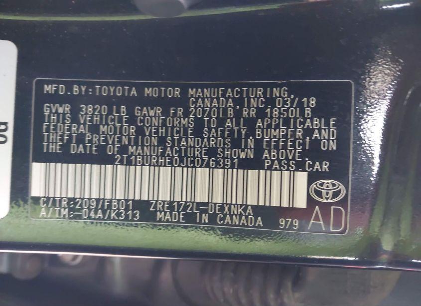 Photo 9 of 2018 Toyota Corolla LE (VIN 2T1BURHE0JC076391)