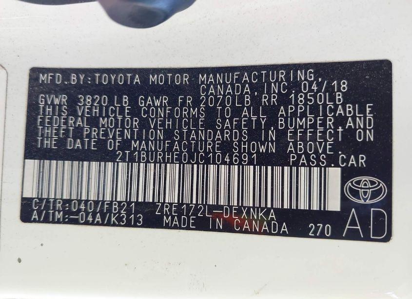 Photo 9 of 2018 Toyota Corolla LE (VIN 2T1BURHE0JC104691)