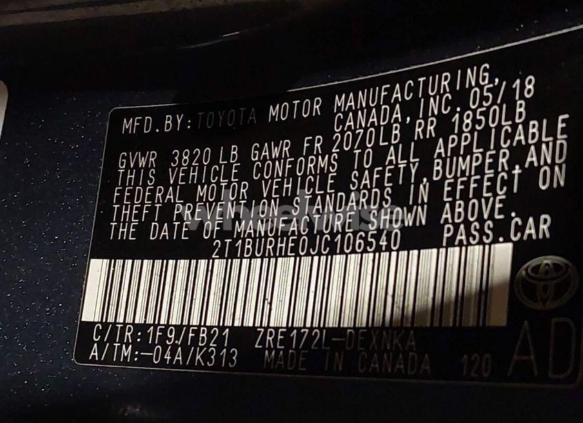 Photo 9 of 2018 Toyota Corolla L/LE/XLE/SE/XSE (VIN 2T1BURHE0JC106540)