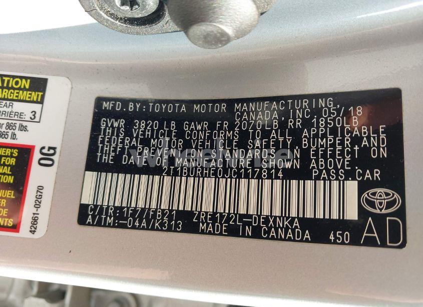 Photo 9 of 2018 Toyota Corolla LE (VIN 2T1BURHE0JC117814)