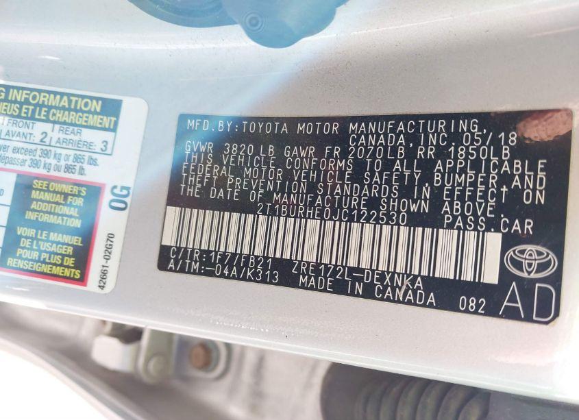 Photo 9 of 2018 Toyota Corolla LE (VIN 2T1BURHE0JC122530)