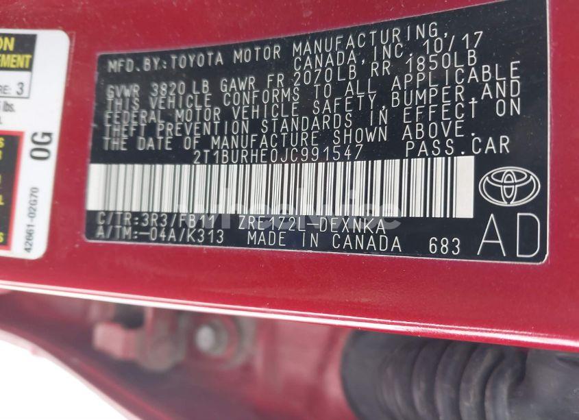 Photo 9 of 2018 Toyota Corolla LE (VIN 2T1BURHE0JC991547)