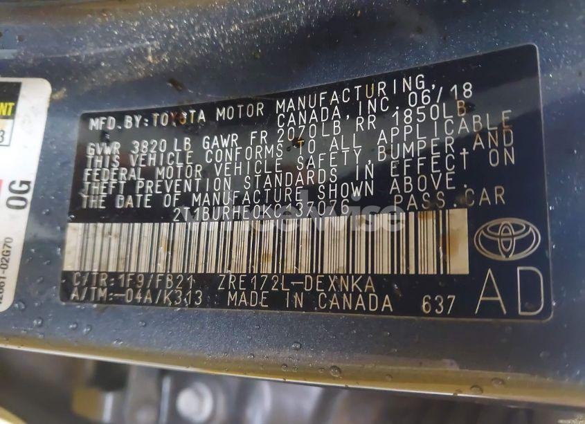 Photo 9 of 2019 Toyota Corolla LE (VIN 2T1BURHE0KC137076)