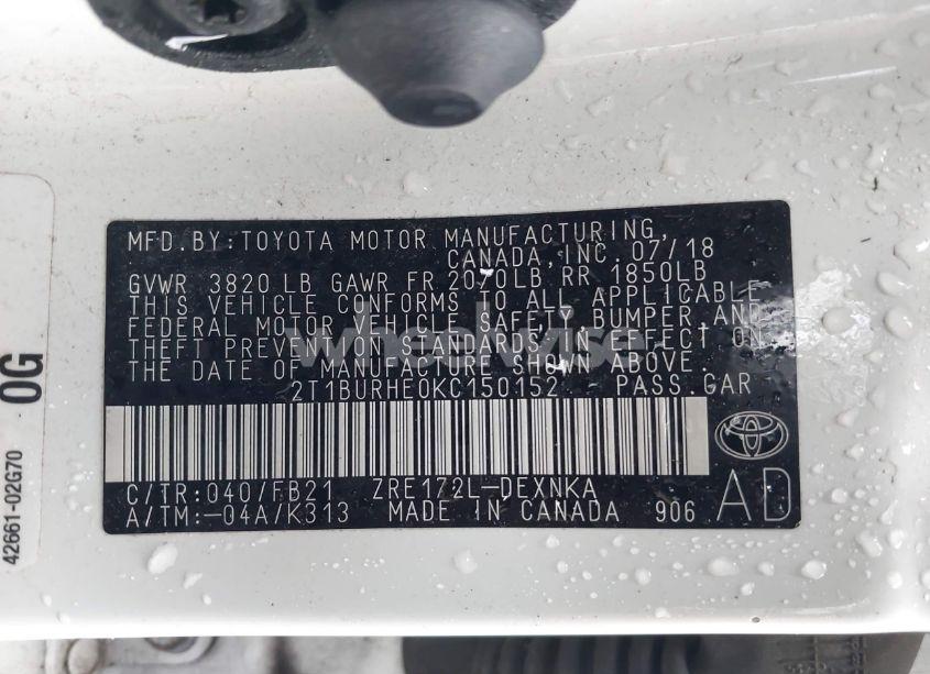 Photo 9 of 2019 Toyota Corolla LE (VIN 2T1BURHE0KC150152)